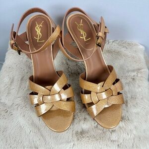 SAINT LAURENT Patent Leather T Strap Platform Sandals Tan Metallic Size 38